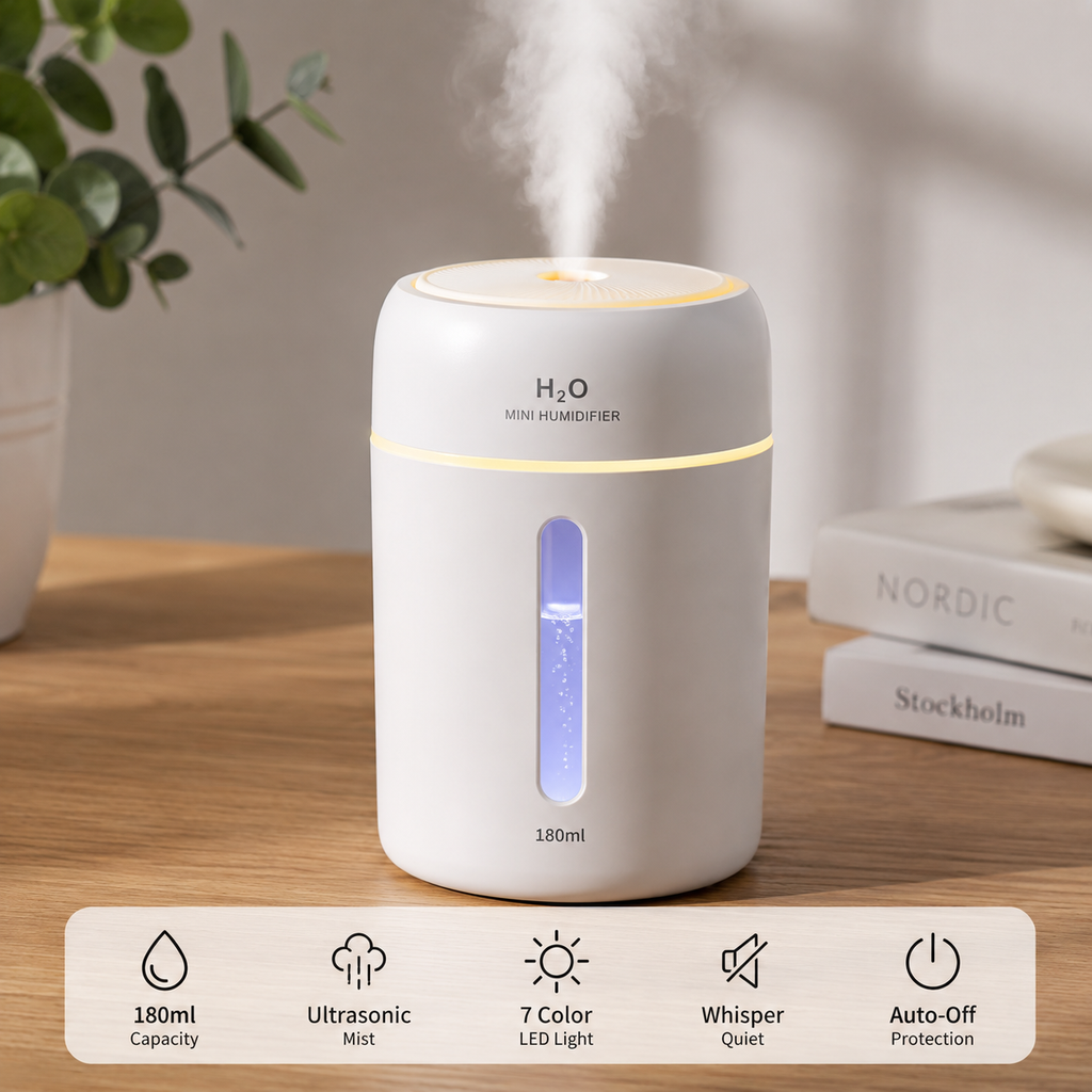 H2O Mini Humidifier 180ml with ultrasonic mist, 7 color LED light, whisper quiet, auto-off protection